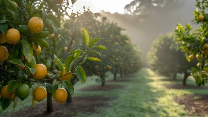 Yellow lemons shine in morning sunlight. A citrus orchard's bokeh offers a natural background for branding, marketing or garden inspiration.