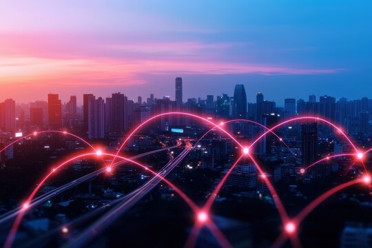 A vibrant city skyline at sunset, showcasing urban architecture and digital connectivity with glowing network lines overlaying the scene.