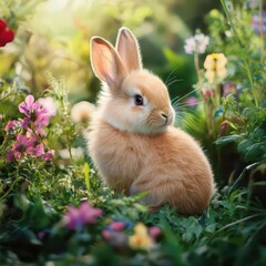 Fluffy rabbit sitting in lush green garden, surrounded by colorful flowers, soft natural sunlight, detailed fur texture, vibrant fresh scene, with copy space