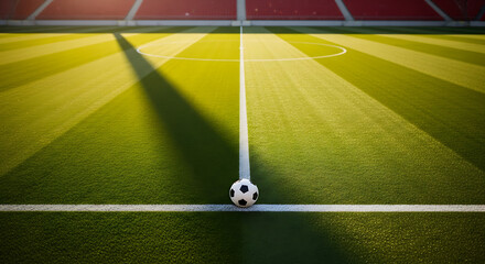 Obraz premium Soccer ball placed on the center line of a freshly cut green soccer field stadium with bright sunlit stripes and long shadows creating a dramatic atmosphere ready for competition