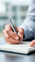 Close-up view of writing hand meticulously composing notes on a blank notebook