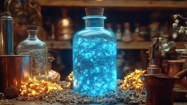 Glowing potion bottle in a mystical laboratory setting.