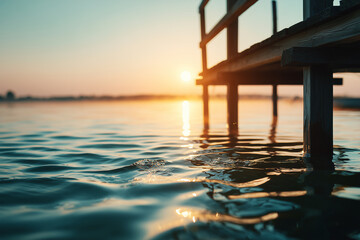 Serene Lakeside Sunset with Gentle Waves and Wooden Pier in Focus