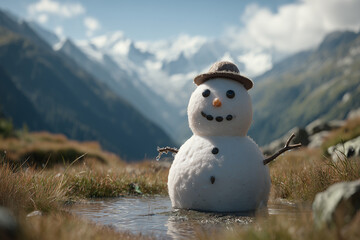 Snowman Wearing a Hat in a Mountainous Scenic Landscape
