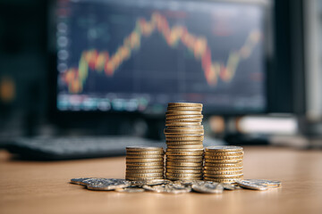 Stacks of Gold Coins with Stock Market Graph in Background