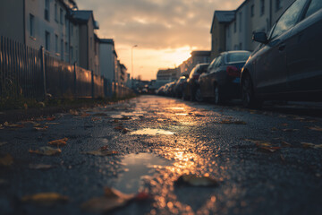 Urban Street at Sunset With Reflection on Wet Ground and Autumn Leaves
