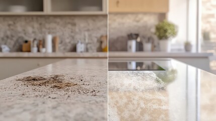 Split-screen image of dirty countertop before cleaning and sparkling clean surface after scrubbing, sharp focus, dramatic cleanliness concept with copy space
