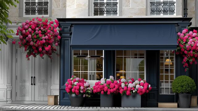 Architectural rendering depicting Parisian flower shop transformation, progressing from initial sketch to detailed storefront featuring blooming pink and purple blossoms, Architectural rendering, 3d