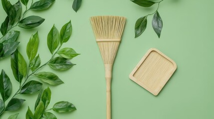 Sustainable bamboo broom and biodegradable dustpan set on green background with leaves, promoting zero-waste cleaning products, with copy space