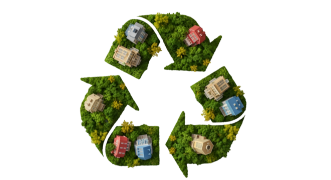 Green Community Recycling Symbol with Houses