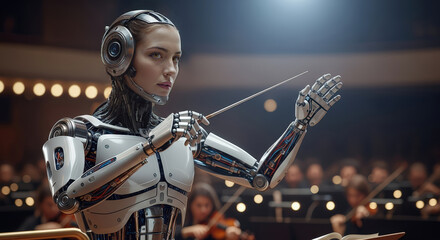 In an elegant and futuristic setting, a humanoid female robot with piercing eyes and realistic features conducts an orchestra