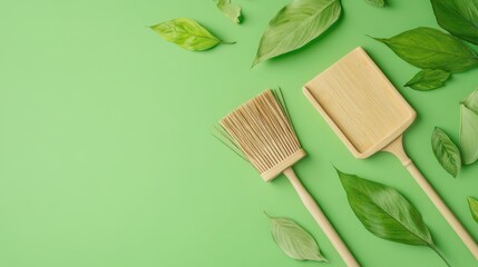 Sustainable bamboo broom and biodegradable dustpan, green background with leaves, promoting zero-waste cleaning products, with copy space