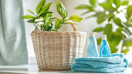 Sustainable laundry basket, recycled materials, surrounded by eco-friendly detergent pods, promoting green lifestyle and organized home, with copy space