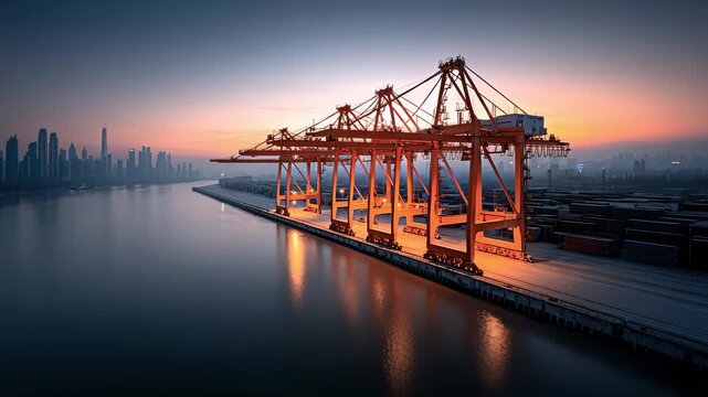 Busy Container Crane Operations at Port at Sunset