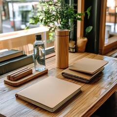 Sustainable office setup with wooden desk, recycled paper notebooks, and reusable water bottle, eco-conscious lifestyle workspace with copy space