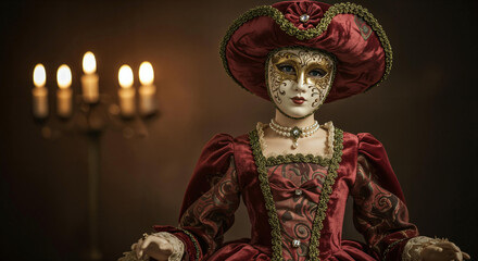 Mysterious Venetian figure in period costume and mask, illuminated by candlelight