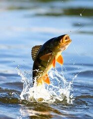 Obraz premium A perch leaps from a river, caught on a hook