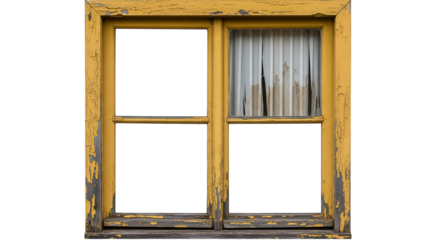 Old Yellow Window with Peeling Paint and Tattered Curtains