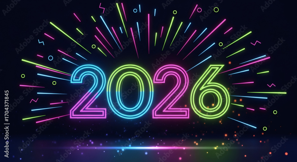 Poster neon number 2026 glowing with colorful lines and circles forming an explosion. new year celebration 