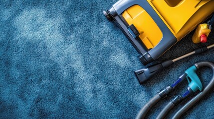 Top-down view of carpet cleaning machine with accessories, cleaning solution bottles and hoses, neatly arranged on clean smooth surface, professional equipment with copy space