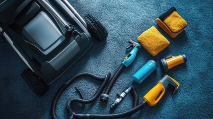 Top-down view of carpet cleaning machine with accessories, cleaning solution bottles and hoses neatly arranged on a clean surface, with copy space