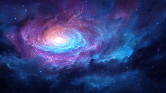 a swirling nebula of vibrant blues and pinks illuminated by a central bright core set against a backdrop of twinkling stars  cosmic clouds billow and blend creating a dynamic and ethereal scene
