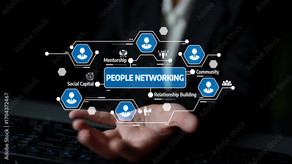 Poster visual representation of people networking showcasing digital connections and elements of mentorship