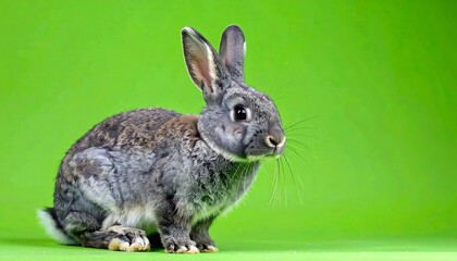 Obraz premium A close-up shot of a fluffy gray rabbit against a bright green background. The rabbit has long ears and a sweet expression
