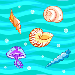Icons of shells. Colorful Sea Shells and Jellyfish Illustration on Blue Ocean Background
