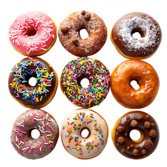 Delicious glazed donuts assortment sprinkles toppings bakery food isolated transparent background product in clear view with natural colors and sharp focus on a plain background. Simple clean style fo