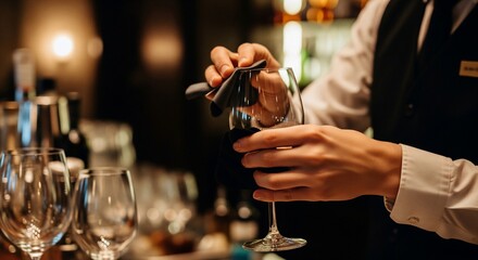 Bartender polishing wine glass at bar.