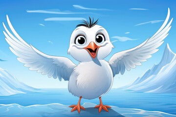 Obraz premium Cartoon-style whimsical Arctic Tern illustration, bright and cheerful design, cute bird with exaggerated wings and smiling face flying playfully across icy tundra, with copy space