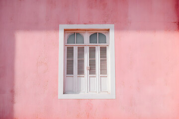Vintage white window set in a textured pink wall, showcasing a minimalist architectural design
