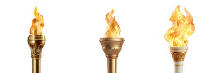Three torches with bright flames, isolated on transparent background, symbolizing hope, inspiration, and the spirit of competition and achievement