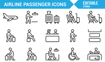Fototapeta premium Airport passenger icons pack with editable stroke featuring travel, check-in, and luggage