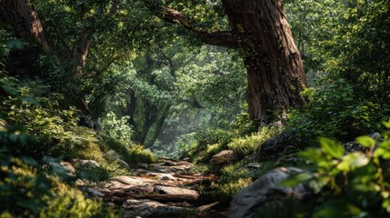 Obraz premium beautiful natural wood and tree landscape with lush greenery scenic forest scenery environmental harmony outdoor scenery ecofriendly design artistic foliage and organic textures