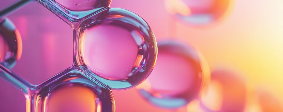 A vibrant close-up of colorful molecular structures, showcasing bubbles in shades of purple and pink against a soft, gradient background.
