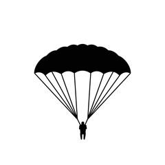 Silhouette of a parachutist descending mid-air with open parachute symbolizing adventure and freedom silhouette