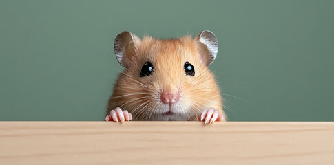 Adorable rodent portrait, featuring a furry friend with inquisitive eyes, paws on the edge, and a simple backdrop for a charming and heartwarming view.