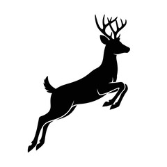 Silhouette of a leaping deer with antlers in a square frame on a black canvas silhouette