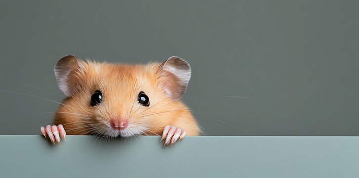 Curious hamster peeking over edge, its tiny paws gripping the surface with adorable intent. A sweet, furry face in a moment of playful discovery.