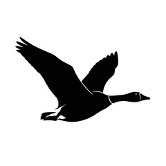 Silhouette of a goose in flight against a white square on a black canvas silhouette