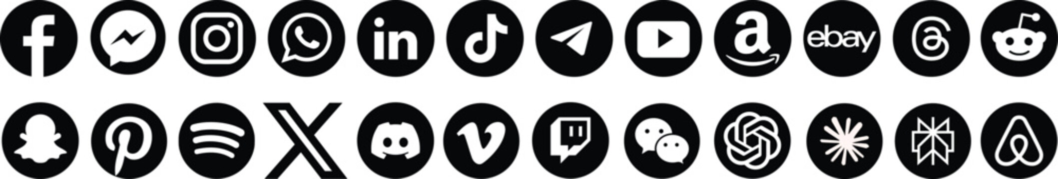 Social media icon set or logo Facebook, Amazon, Airbnb, Claude, Perplexity, ChatGPT, Twitter, X, Instagram, YouTube, eBay, Pinterest, WhatsApp, LinkedIn, TikTok, Spotify, Vimeo, Reddit black and white