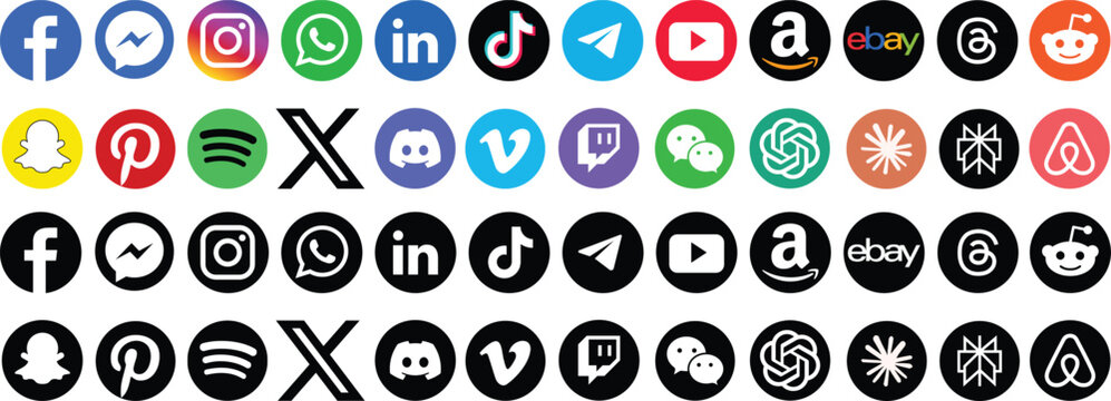Social media icon set or logo Facebook, Amazon, Airbnb, Claude, Perplexity, ChatGPT, eBay, Twitter, X, Instagram, YouTube, Pinterest, WhatsApp, LinkedIn, TikTok, Spotify, Vimeo, Reddit 