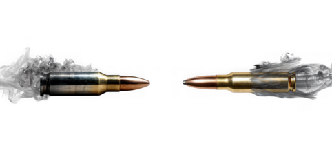 Two bullets facing each other in midair with smoke trails, isolated on transparent background, symbolizing conflict, danger, or the impact of firearms in a dramatic scene