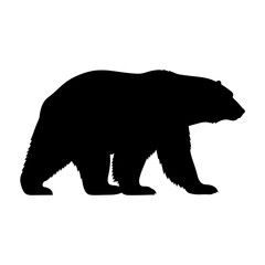 Silhouette of a grizzly bear walking forward inside a white square emblem silhouette