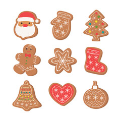 A set of decorative gingerbread cookies with intricate glaze patterns in a festive design. Vector illustration. Stock illustration.