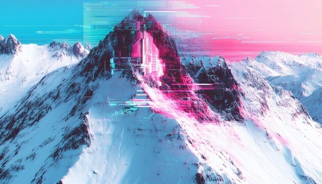 The illustration shows a snow covered mountain range with a digital glitch effect applied, predominantly in pink and blue hues.