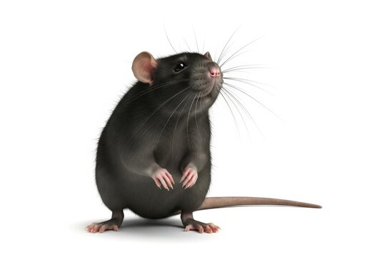 A black rat standing alert isolated on white background, capturing its curious expression and detailed features in a studio setting