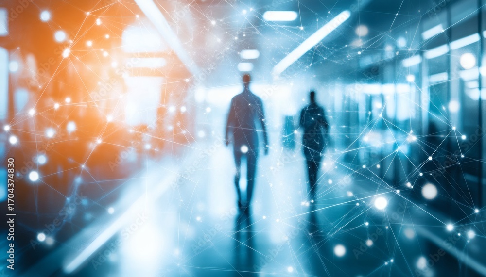 Poster the illustration shows two blurred figures walking through a modern office space overlaid with a net